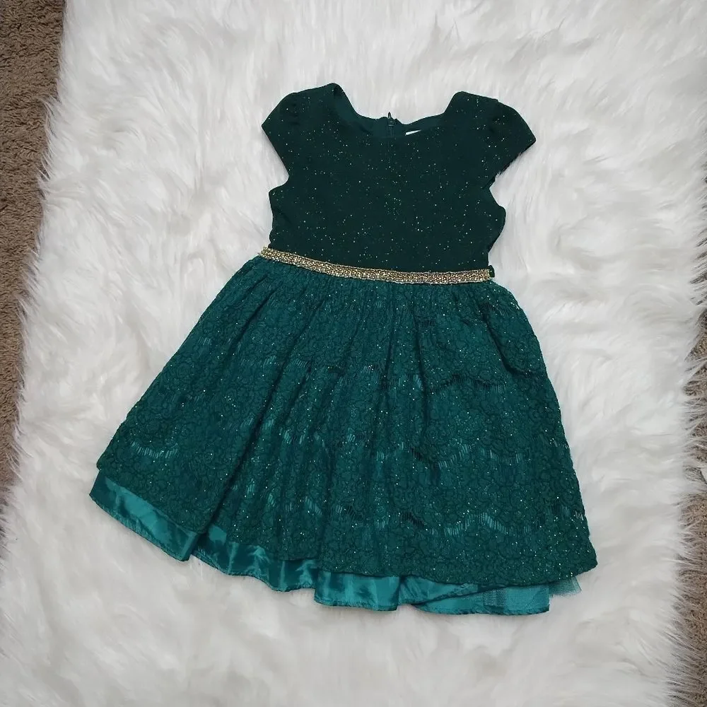 Girls Green Sparkle Lace Overlay Dress with‎ Gold Belt Size 5